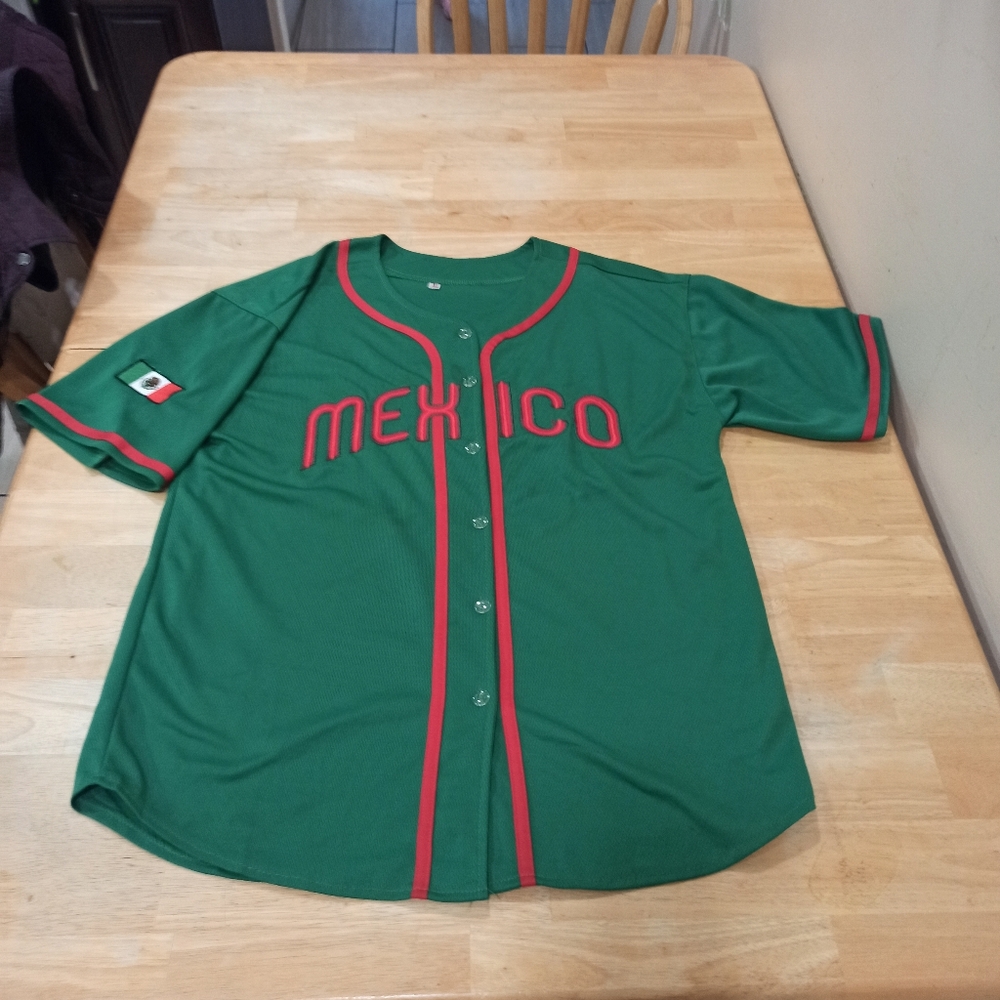 Mexican Official Green Baseball Jersey with Red Accents Size Large